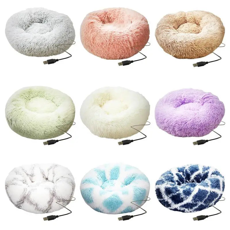 Soft Plush Pet Beds USB Heating Round Dog Bed Donut Round Beds For Small Medium Dogs And Cats Comfortable And Machine Washable