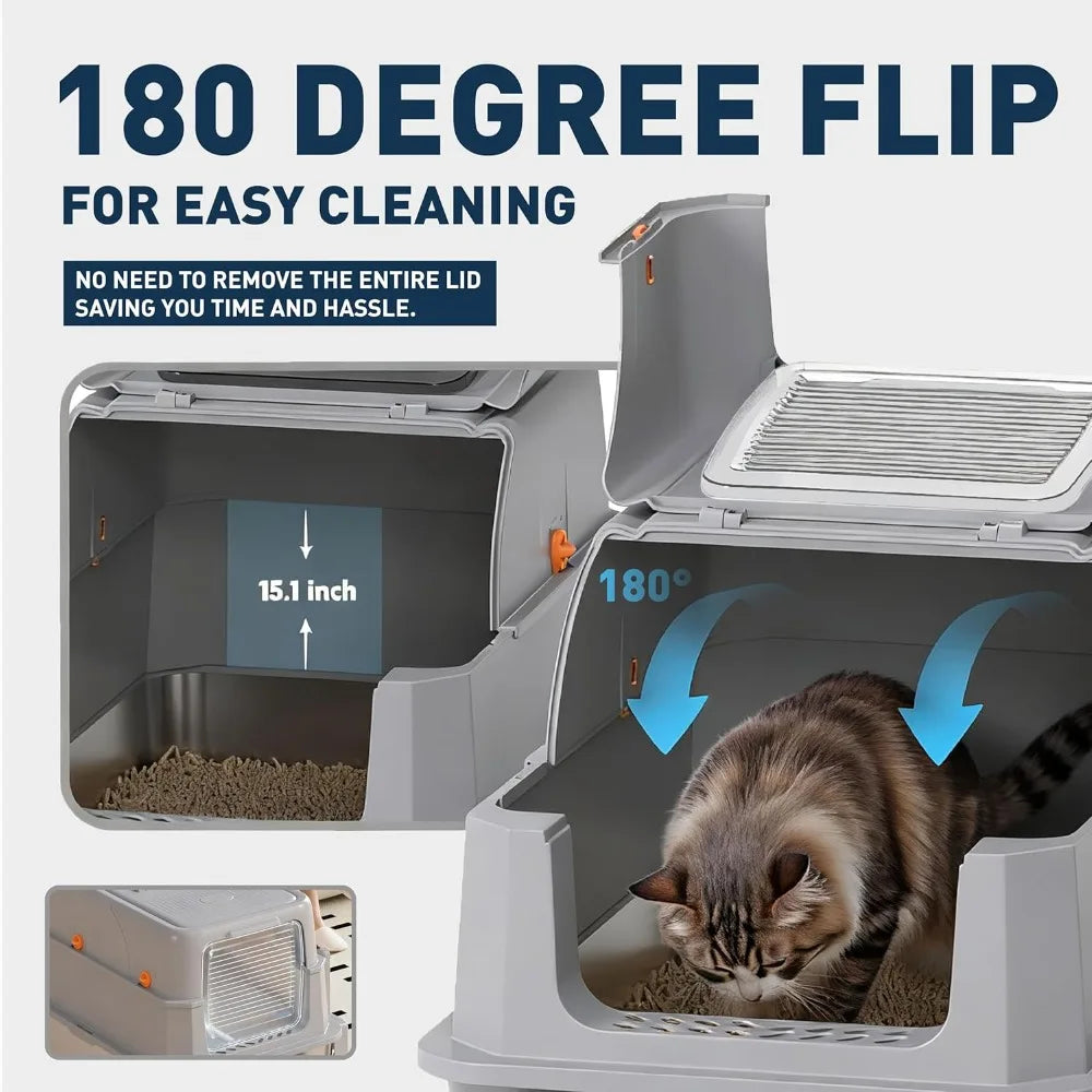 Stainless Steel High-Sided Enclosed Cat Litter Box - Anti-Leak, Odor-Reducing, Non-Sticky, Easy Cleaning for Cats