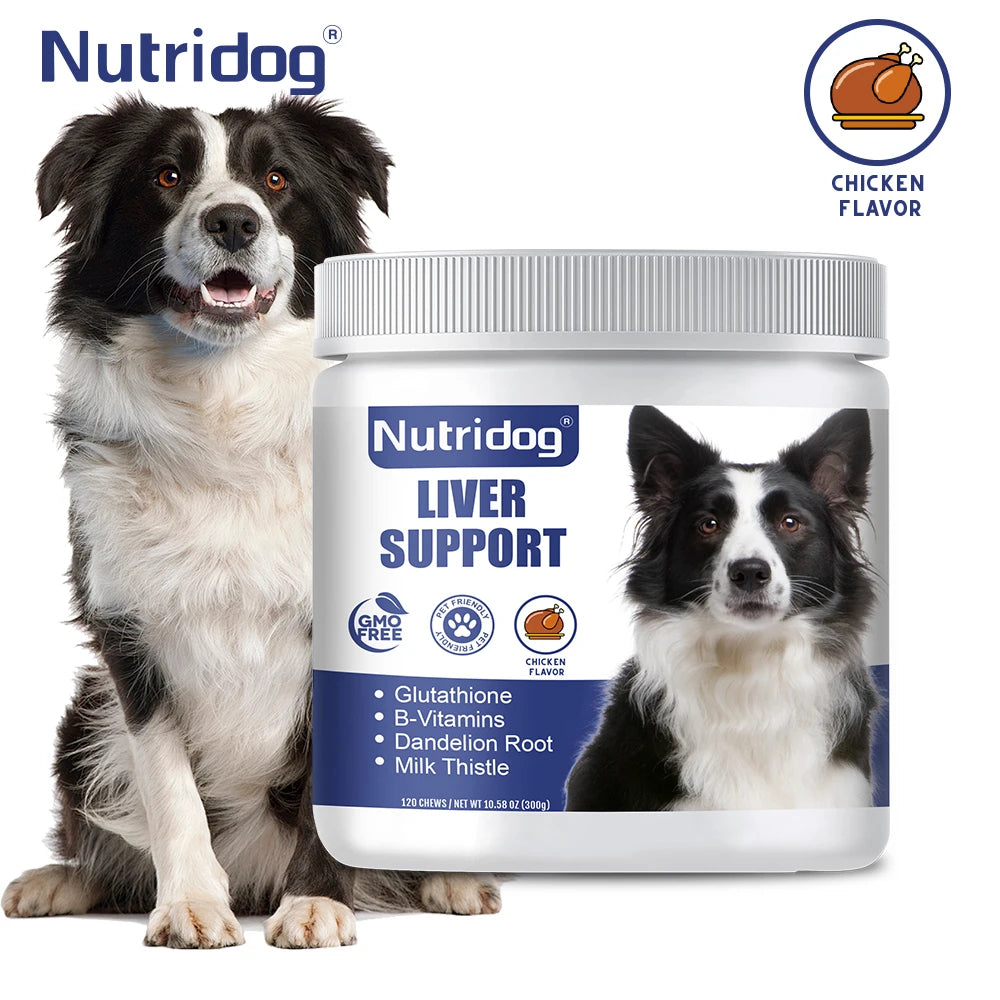 NUTRIDOG Dog Liver Support Chews Milk Thistle Curcumin Livers Detox Kidney Hepatic Support Chicken Flavor 120 PCS/Bottle