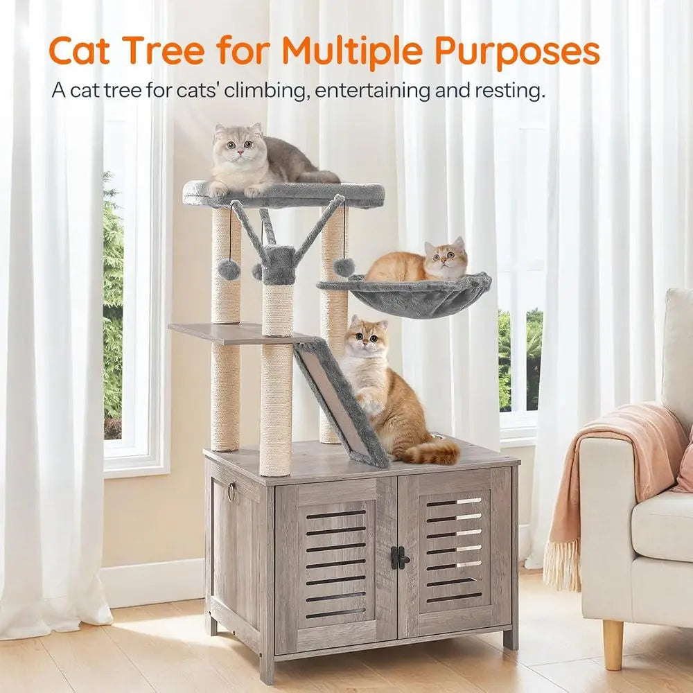 HOOBRO Cat Tree with Litter Box Enclosure, 44" Tall Wooden Cat Tower with Scratching Posts, Cat Hammock, Hidden Litter Box Furni