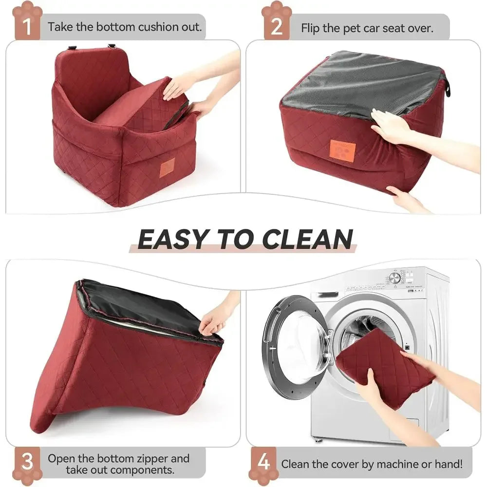 Pet Car Seat with Cushion for Small/Medium Dogs up to 35lbs, Washable, Detachable, with Storage Pockets and 2 Safety Belts - Red