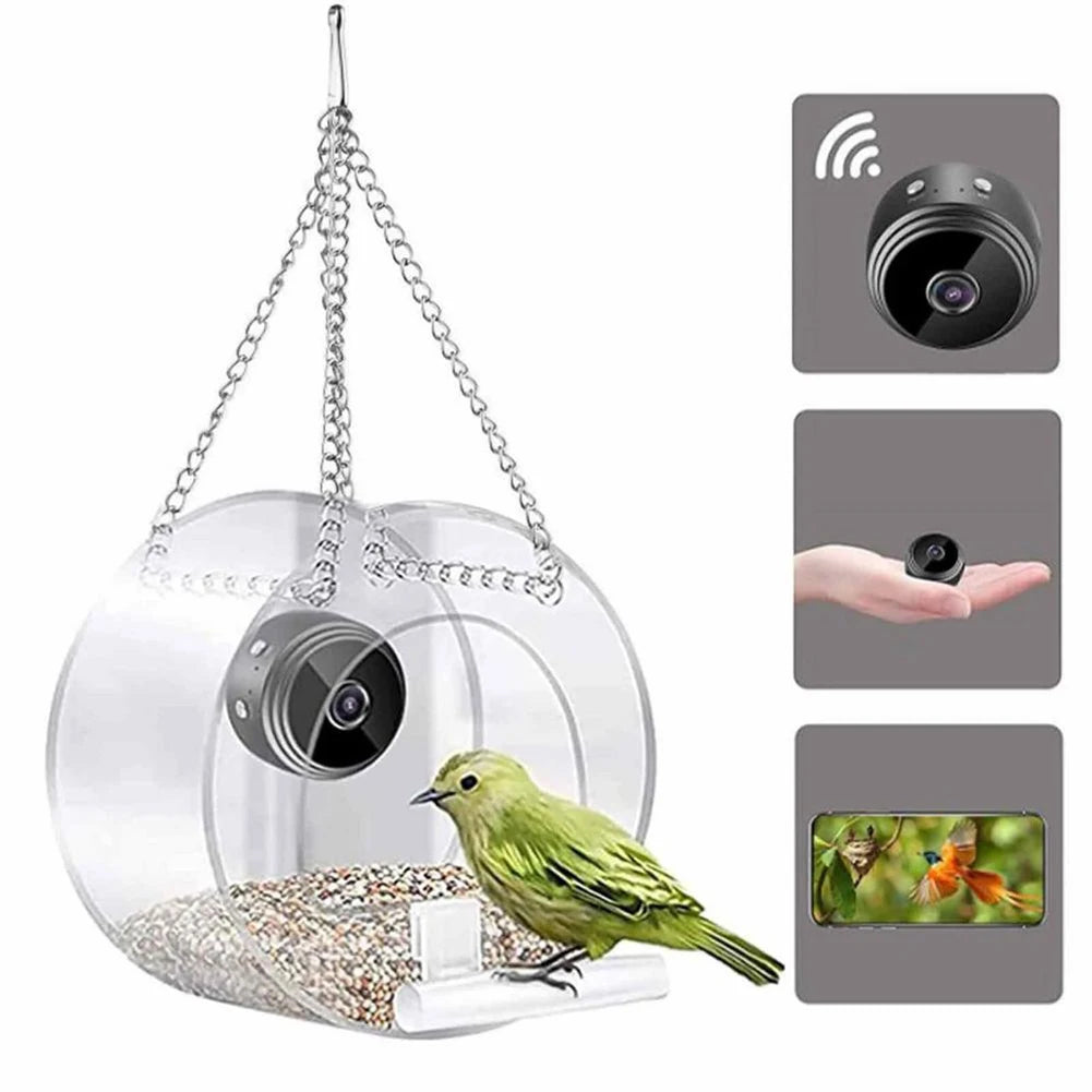 Smart Birds Hanging Feeder Transparent with Camera Home Pet Bird Feeder 1080P HD Easy Installation for Outdoor Garden