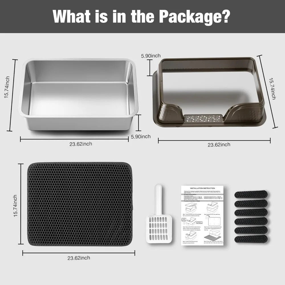 Extra Large High-Sided Cat Litter Box with Lid, Litter Mat, and Litter Scoop - XXL Stainless Steel, Anti-Urine Smell, Pet Suppli