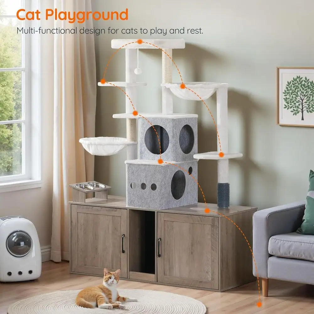 Cat Tree with 47.2 Dual Litter Box Enclosure, 63.4 Tall Multi-Functional Tower for Cats, Hidden Litter Box Enclosure Furniture,