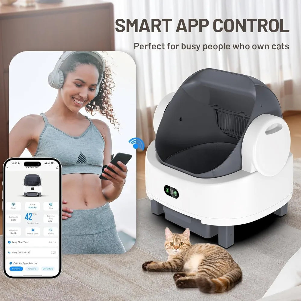 Automatic Cat Litter Box,with Smart APP Control,Triple Safety Sensors,Odor-Free,1 Rolls Bags & 1 Mat & 1 Open-Top Cat Litter Box