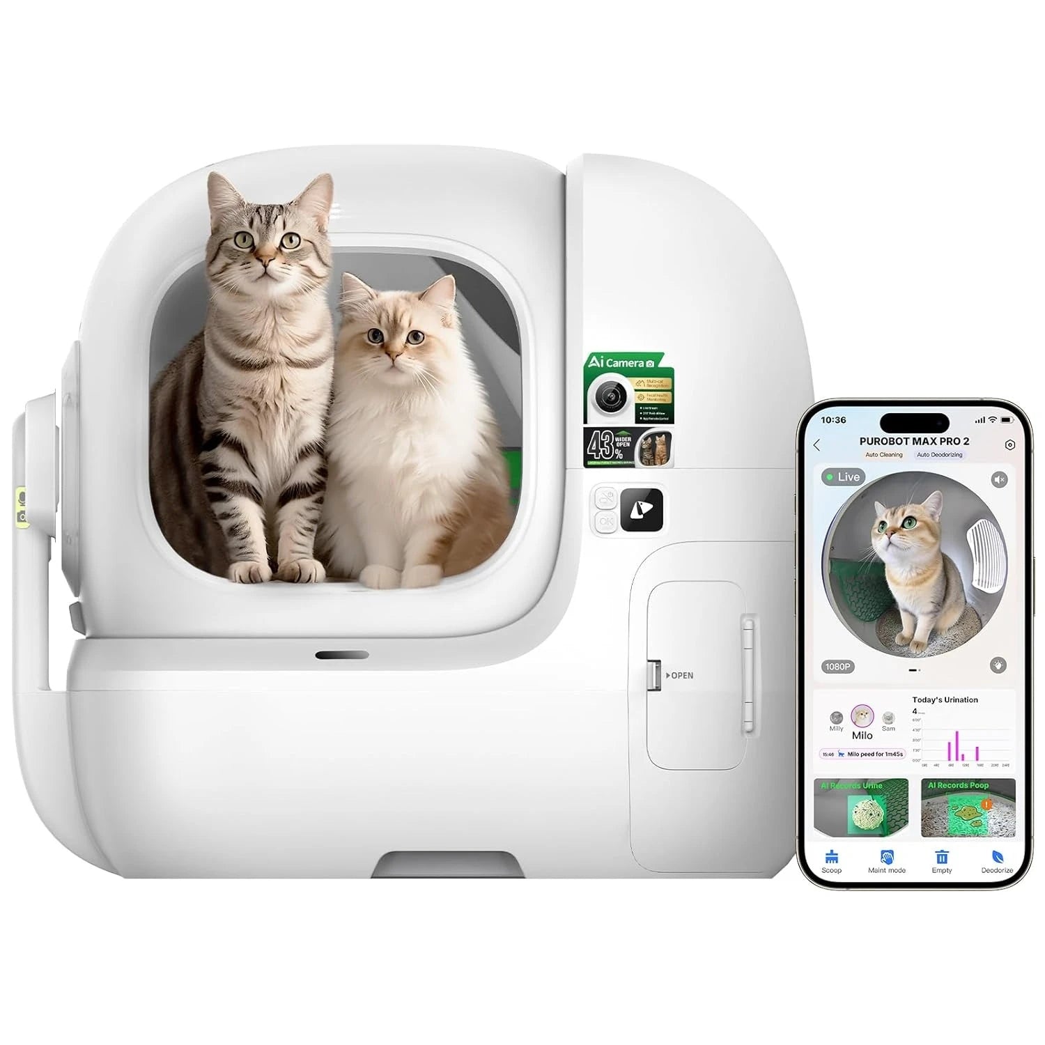 2025 Purobot Max Pro 2 AI-Camera Self Cleaning Cat Litter Box, Extra Large Opening 210° Wide Angle Lens Cat Facial, Customized