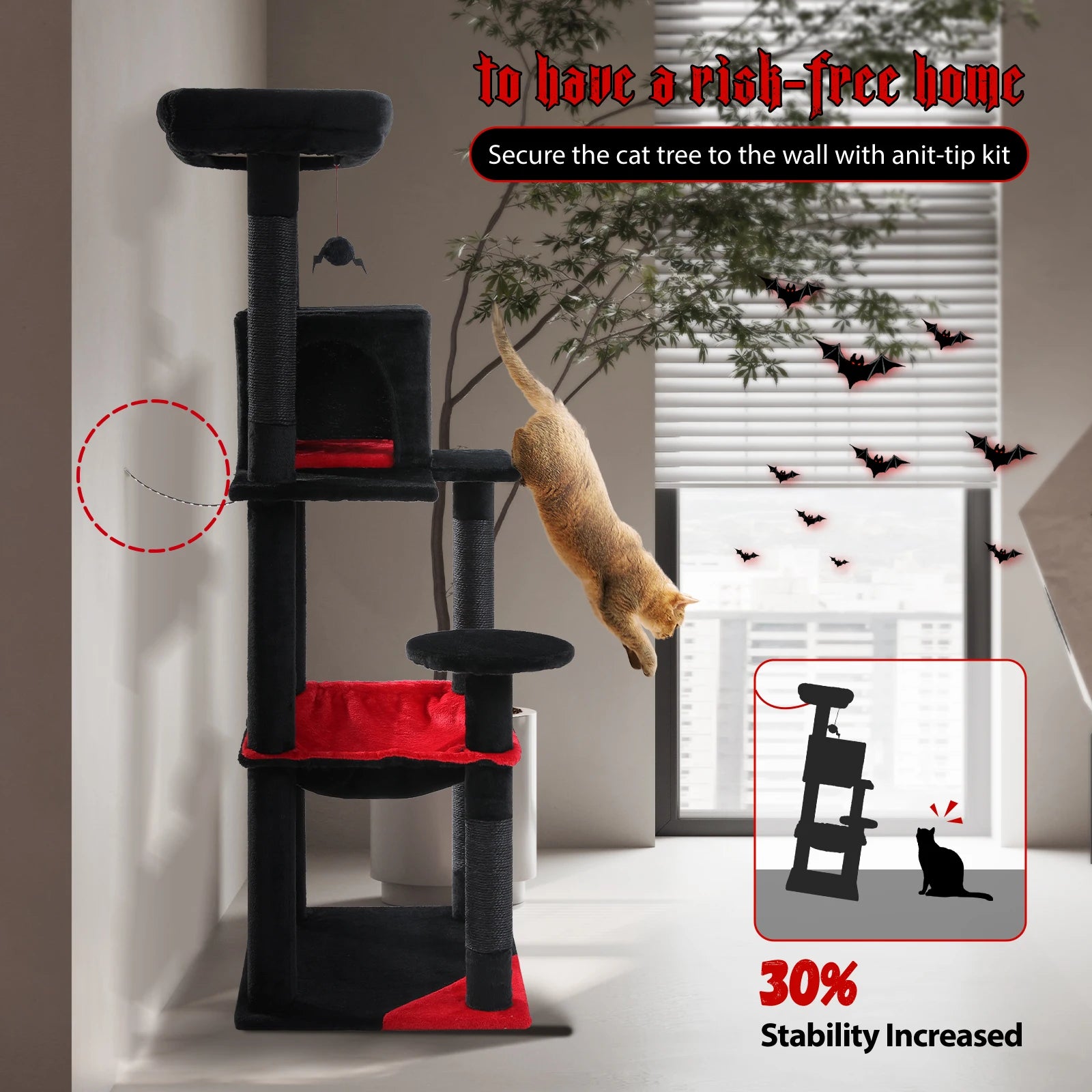 Gothic Cat Tree Black Cat Tower with Comfortable Condo,Natural Sisal Cat Scratching Post Perfect for Indoor Cats,Cat Accessories