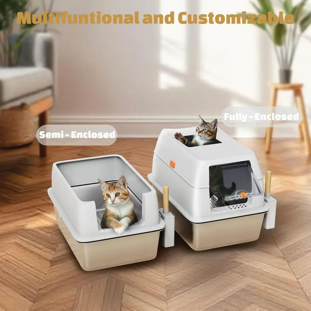 Extra Large Grey Enclosed Cat Litter Box for Pine Pellets and Clay, Odor-Free, Easy Maintenance, Leak-Proof Sifting Design