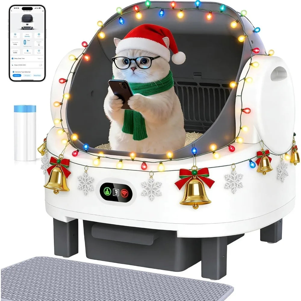 Automatic Cat Litter Box,with Smart APP Control,Triple Safety Sensors,Odor-Free,1 Rolls Bags & 1 Mat & 1 Open-Top Cat Litter Box