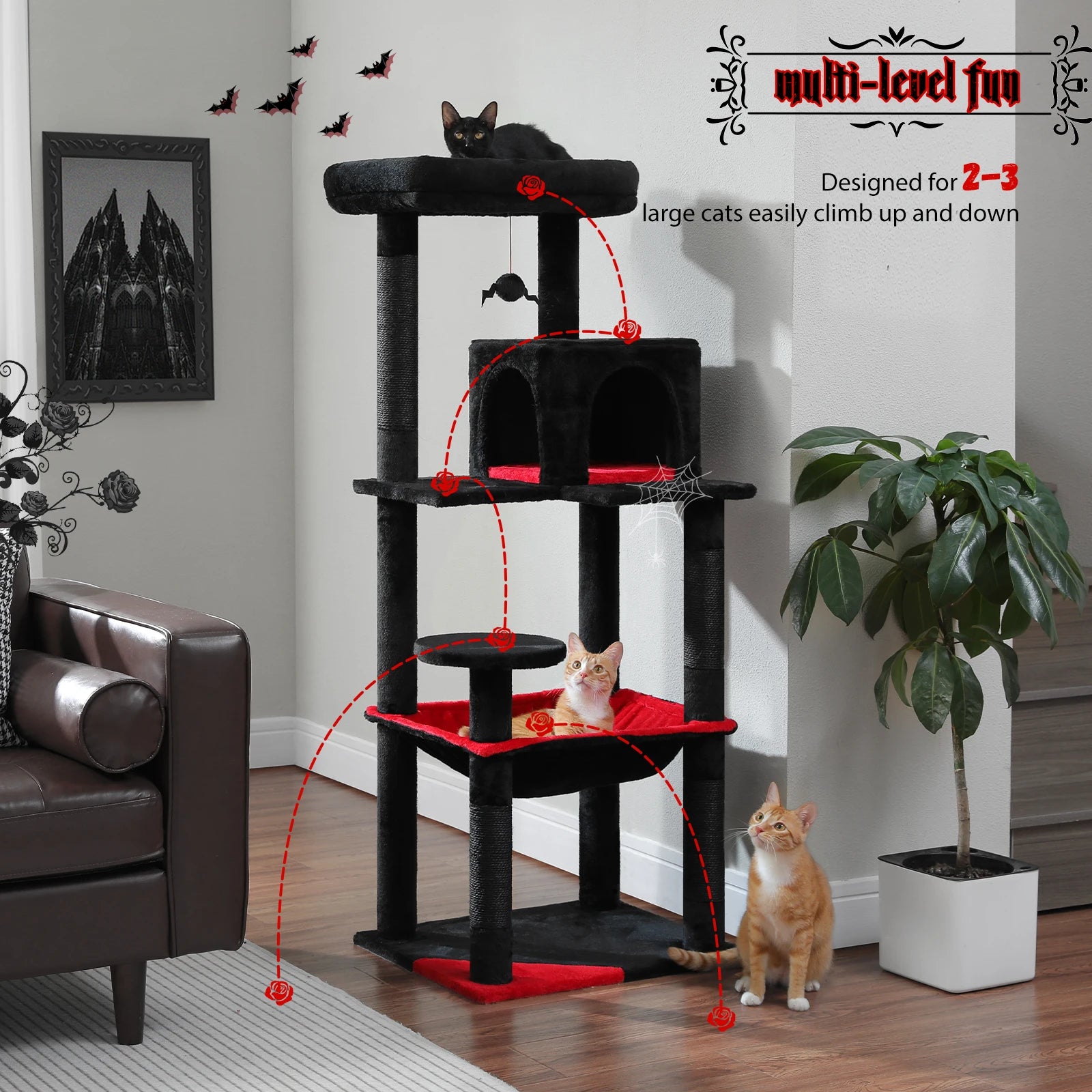 Gothic Cat Tree Black Cat Tower with Comfortable Condo,Natural Sisal Cat Scratching Post Perfect for Indoor Cats,Cat Accessories