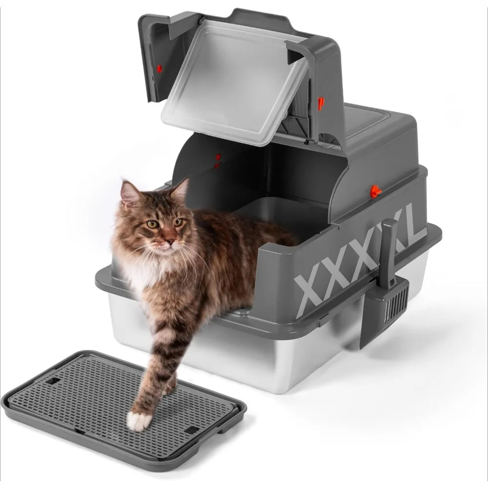 XXXXL Stainless Steel Litter Box, 28" L x 20" W x 17" H Extra Large Cat Litter Box for Maine Cat, Enclosed Metal Litter Boxes,Cu