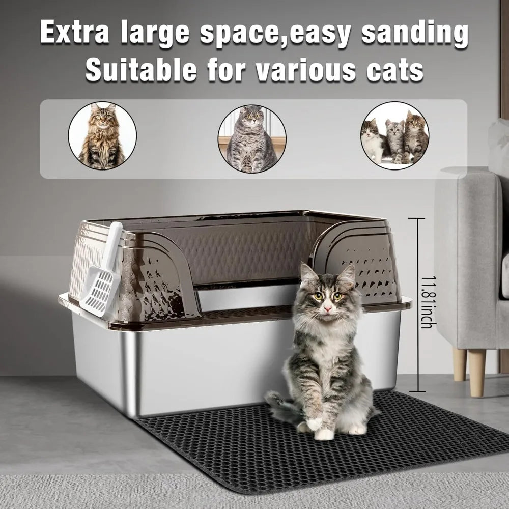 Extra Large High-Sided Cat Litter Box with Lid, Litter Mat, and Litter Scoop - XXL Stainless Steel, Anti-Urine Smell, Pet Suppli