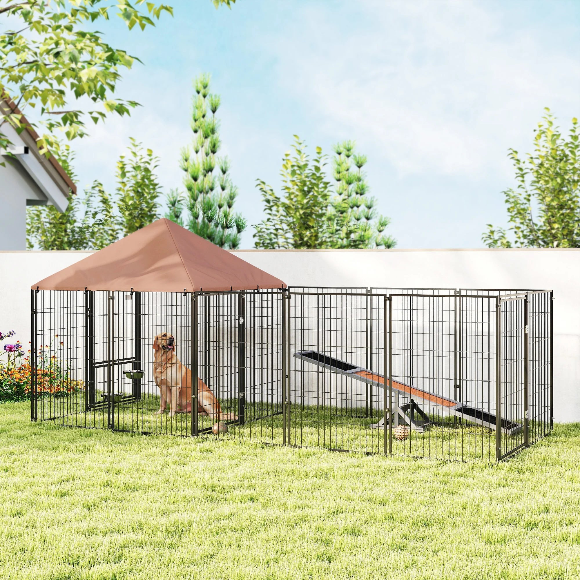 Dog Kennel Outdoor with Rotating & Adjustable Height Bowls