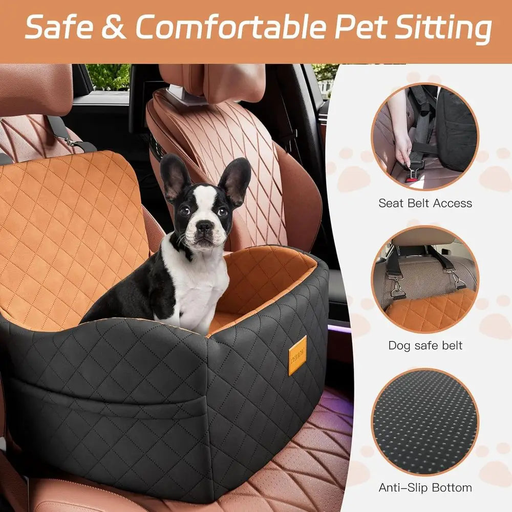 Elevated Pet Travel Seat for Small/Medium Dogs Up to 35lbs, Removable & Washable, 2 Pockets, Safety Belt, Anti-Slip, Seamless Bo