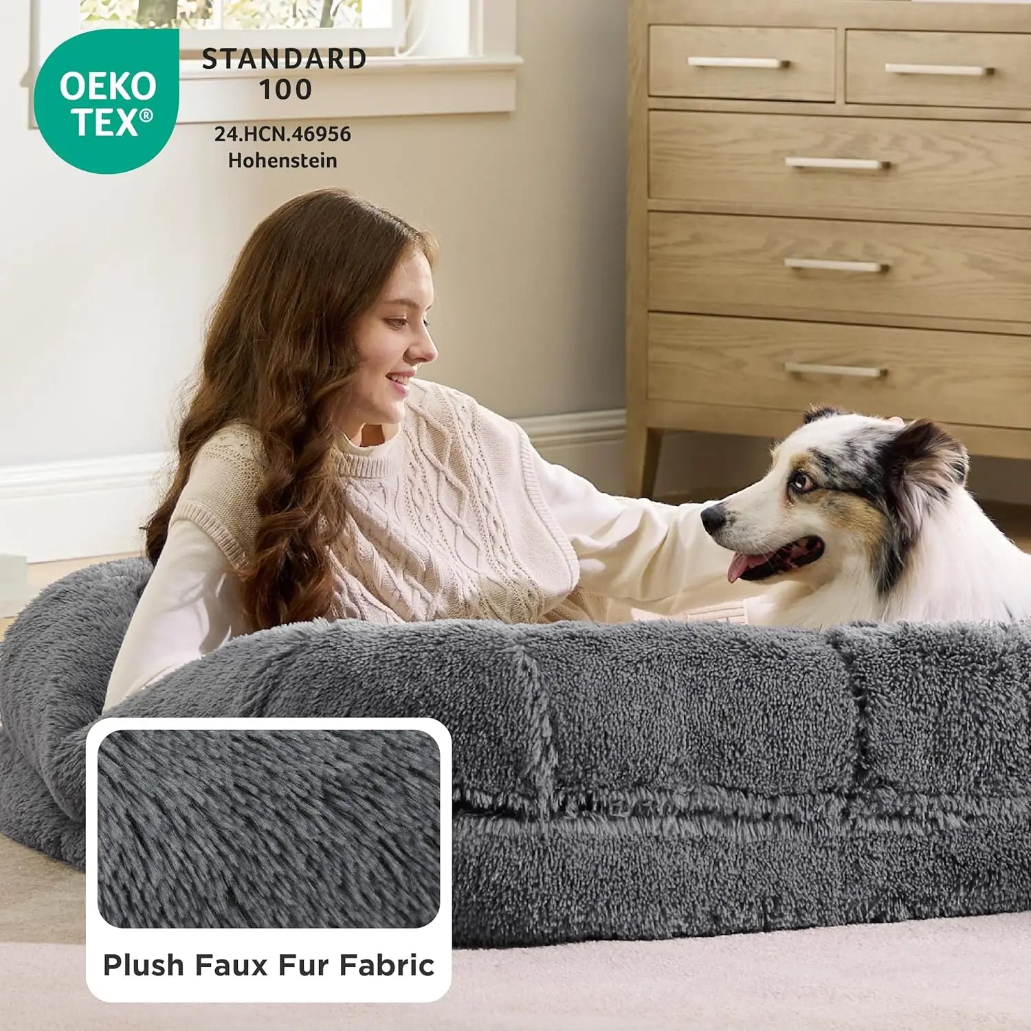Foldable Human Dog Bed - 2-in-1 Orthopedic Foam, Waterproof, Faux Fur, Dark Grey for Adults and Pets