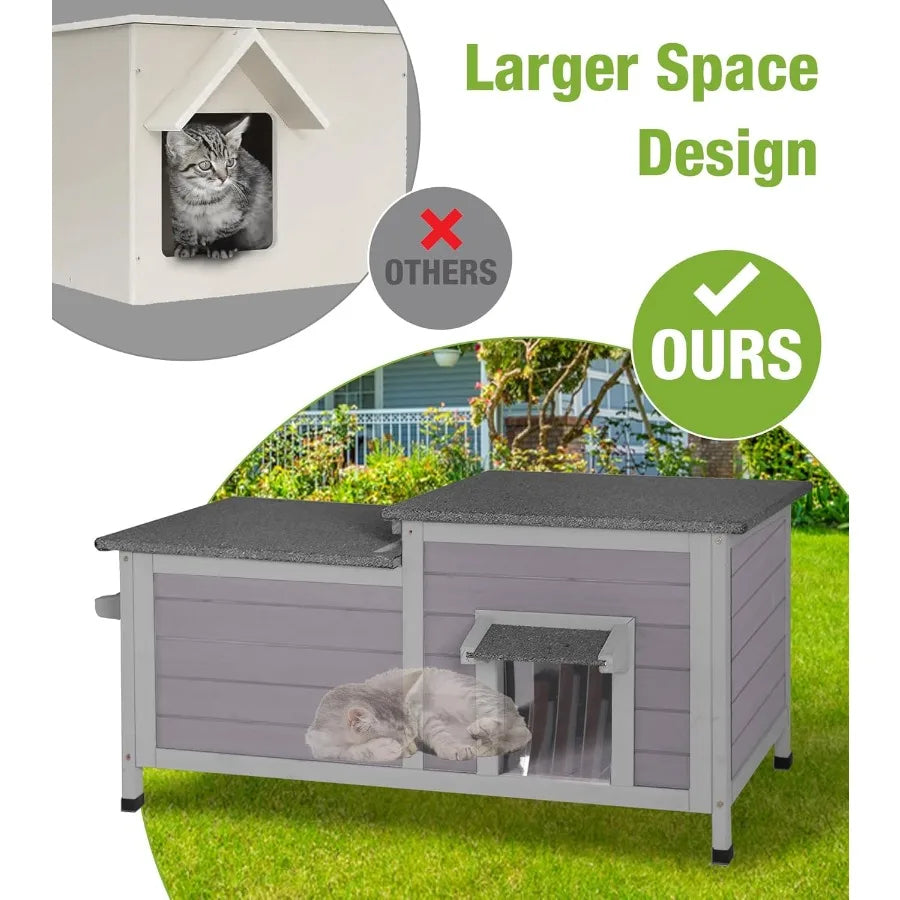 Outdoor Cat House Weatherproof Large Cat Shelter with Openable Roofs for Feral Kittens Elevated Base Design with PVC Curtain fo