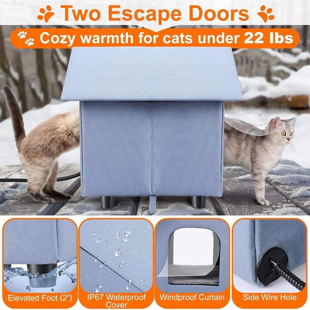 Double-Door Insulated Outdoor Cat House with Heated Bed for Winter, Weatherproof Shelter for Feral Cats and Small Pets (Blue)
