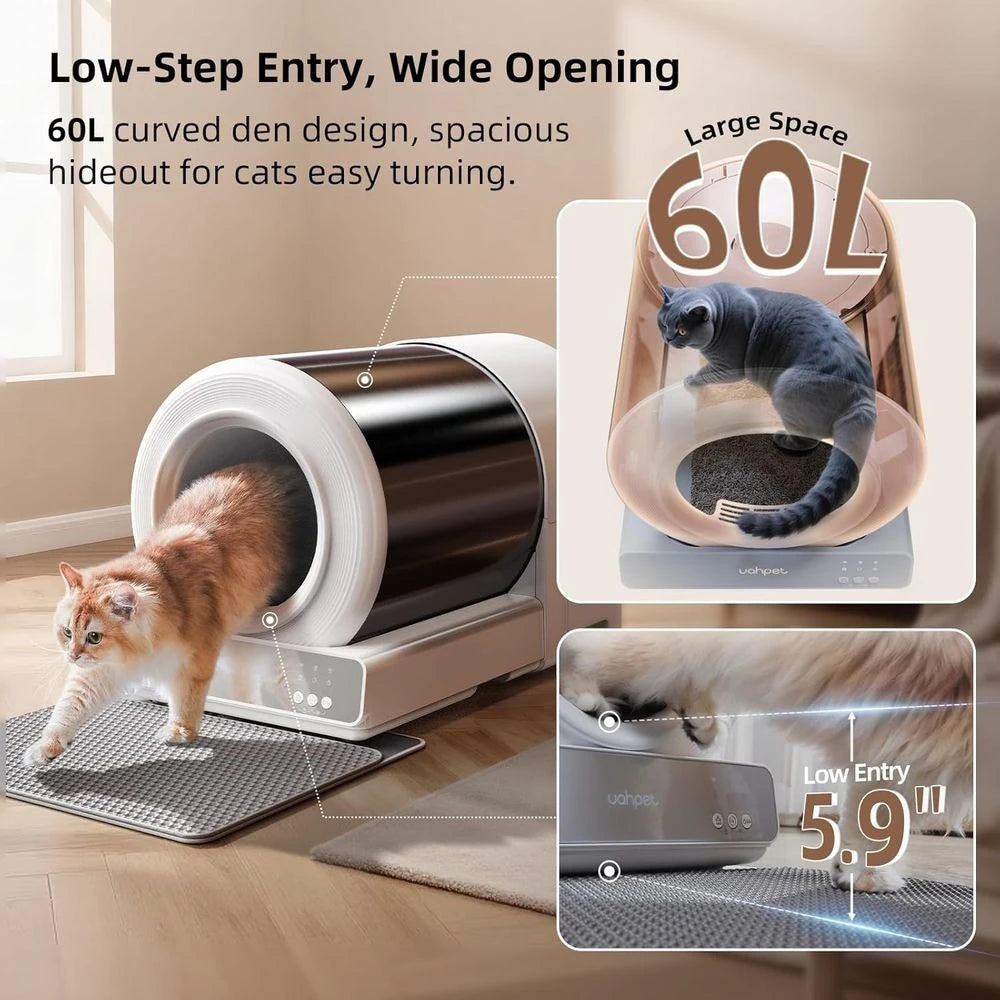 Smart Stainless Steel Cat Litter Box with Automatic Cleaning, App-Controlled, Low Entry, Safety Sensors, Mat & Bags Included