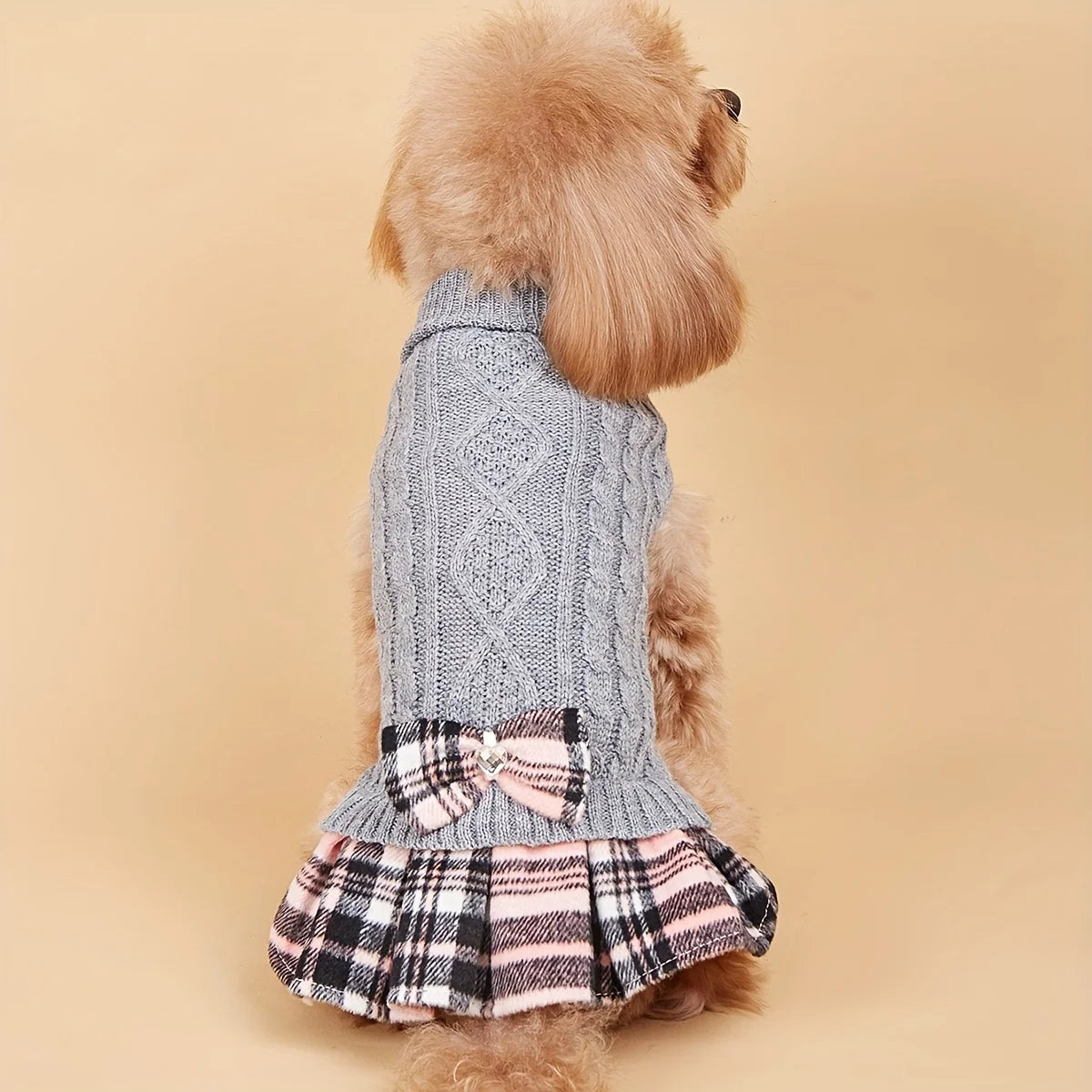 Dog Sweater Dress for Small Dogs with Bowtie Turtleneck Knitted Dog Dress Pet Dog Winter Clothes Warm Sweater for Yorkies Chihua