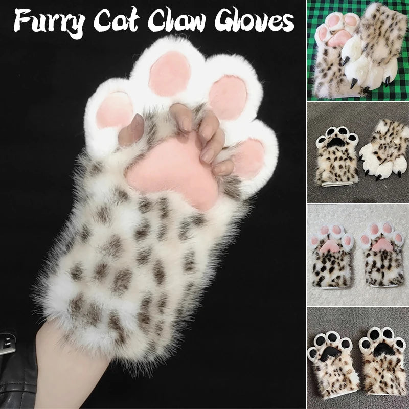 Faux Fur Snow Leopard Claws Fursuit Colorful Furry Cat Paw Halloween Dress Up Cosplay Costume Nail Tiger Claw Lolita Mittens