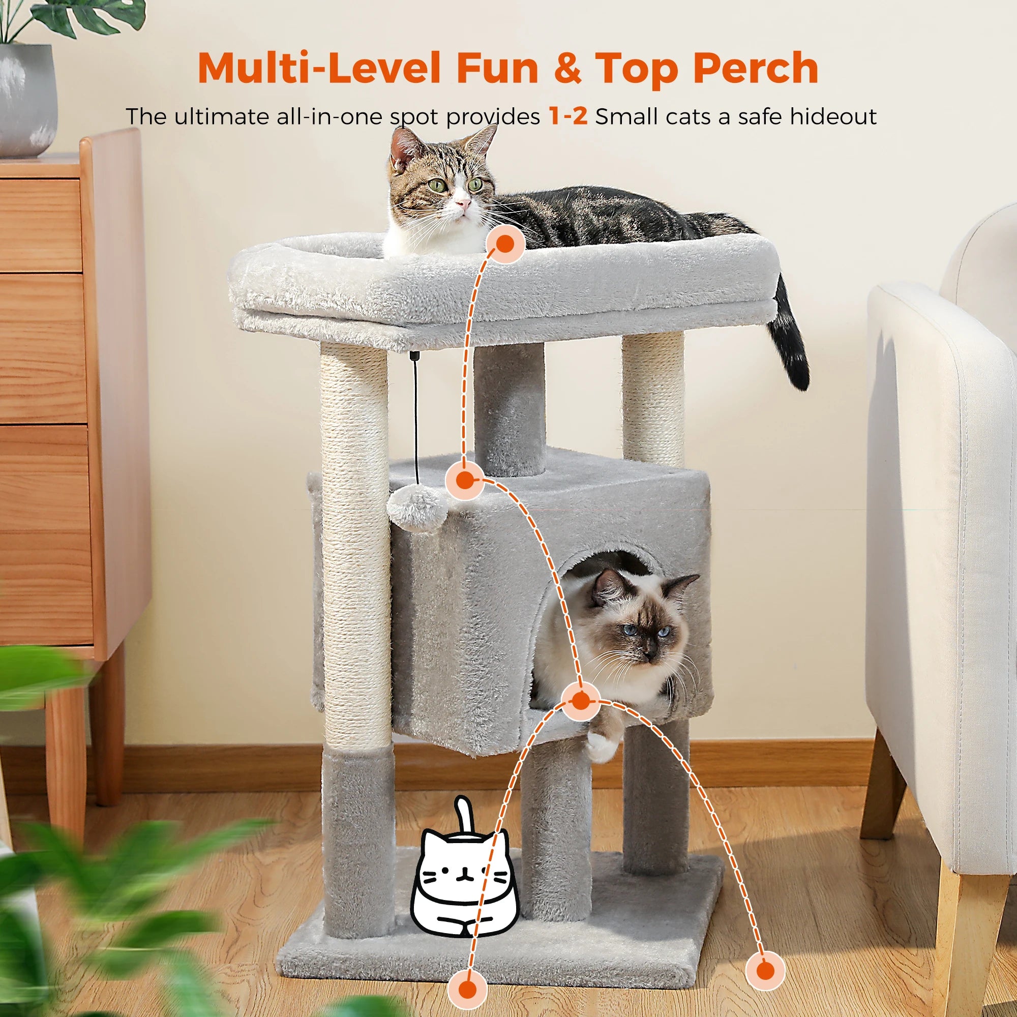 Small Cat Tree Tower with Natural Sisal Scratching Posts Soft Top Perch and Plush Pom-pom Cozy Cat Condo Bed for Indoor Cat Toys