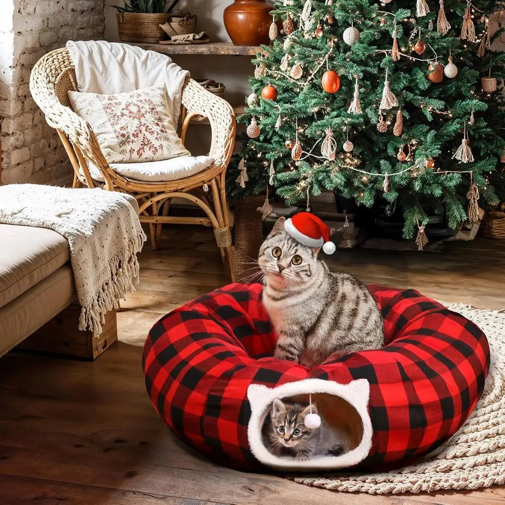 Christmas Tree Skirt with Cat Tunnel, Buffalo Plaid Bed, Dual-Entry Peekaboo Donut Tunnels for Pets