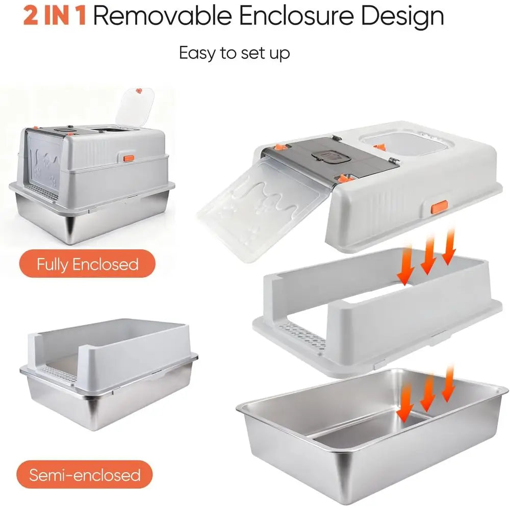 Extra Large 28 L×20 W Odor-Control Stainless Steel Cat Litter Box, 4-in-1 Cat Metal Litter Box Set, Enclosed Removable Metal Lit