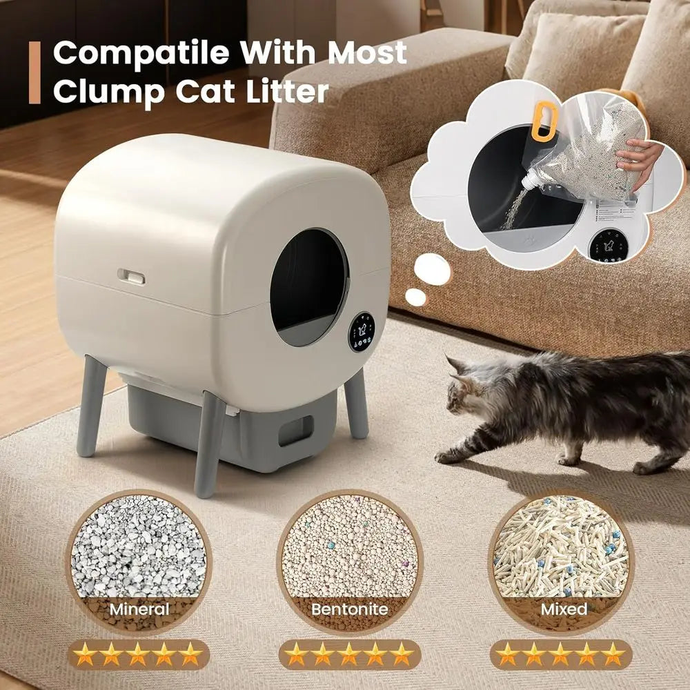 Large-Capacity Automatic Litter Box for Multiple Cats with App Control, Safety Features, and 2 Litter Bags - White