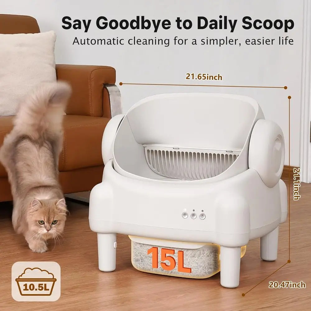 App-Controlled Open-Top Self-Cleaning Litter Box for Multiple Cats with Safety Sensors, Odor Control, 2 Liners, Large Bin - Crea