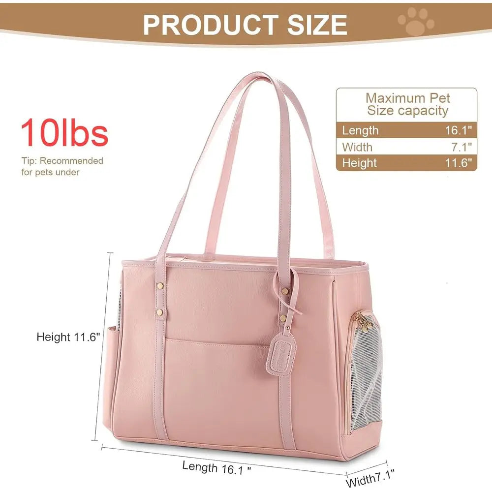 Fashion Dog Carrier Purse, Premium Leather Cat Carrier Bag, Airline Approved Soft Sided Pet Travel Tote Bag with Pockets Pink