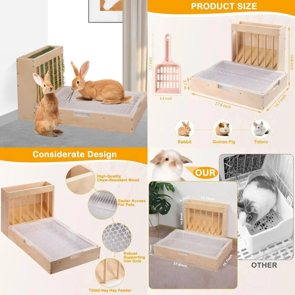 Extra-Large 2-in-1 Rabbit Hay Feeder & Litter Box Set, Wood, Mess Proof, for Guinea Pigs, Chinchillas, Hamsters, and Rabbits