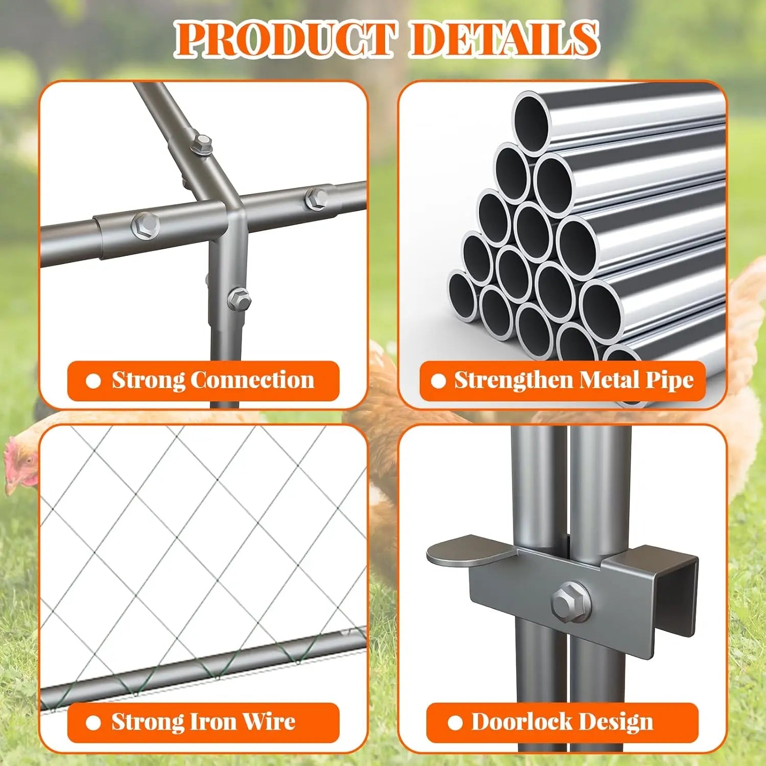 Poultry Cages for Small Animals, 300x100x100 cm Large Metal Cage w/ 2 Doors and Waterproof Cover for Chicken Coops Rabbits Ducks