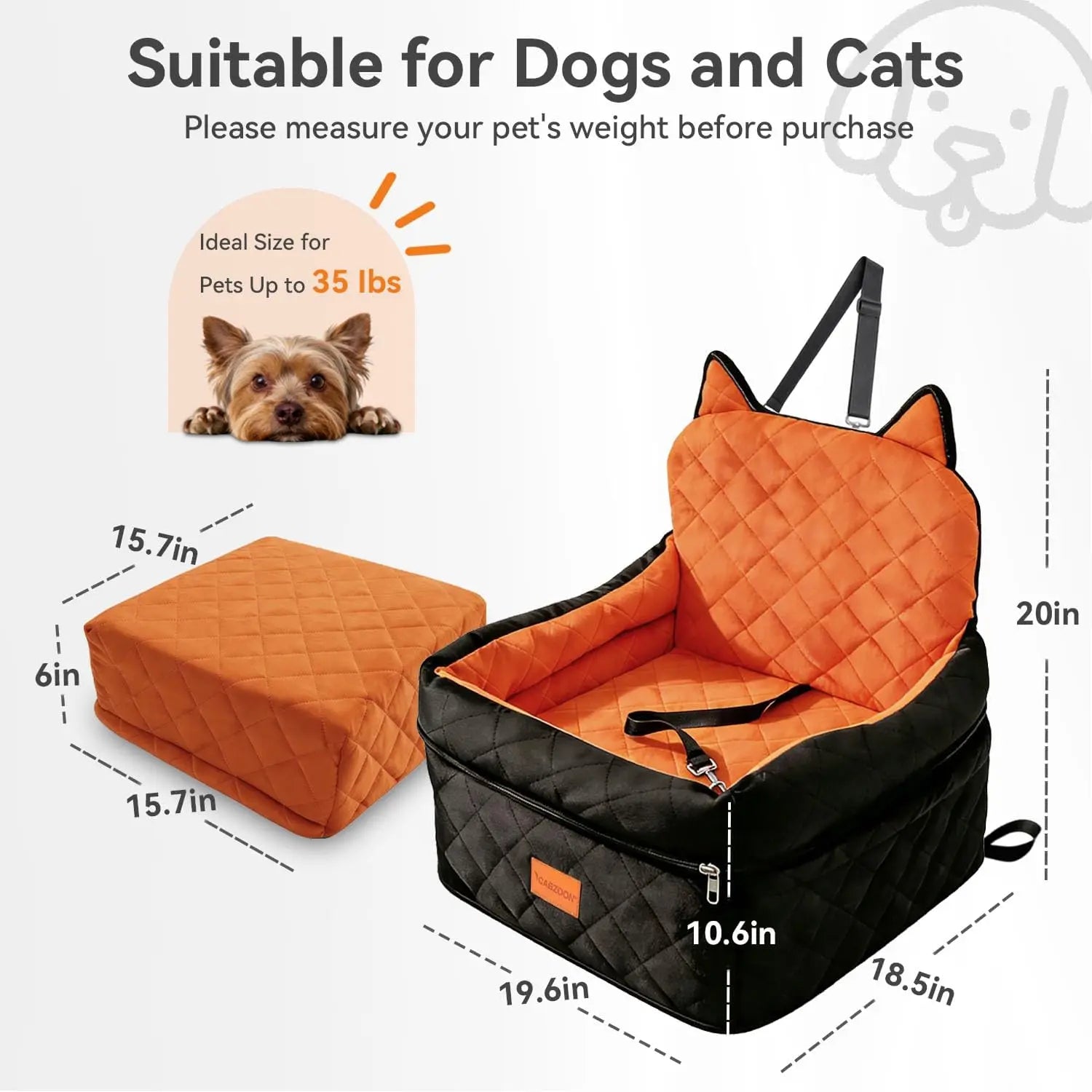 Dog Car Seat for Small/Medium Dogs Up to 35lbs, Elevated Cushion with Washable Cover & Storage Pockets, Black-Orange