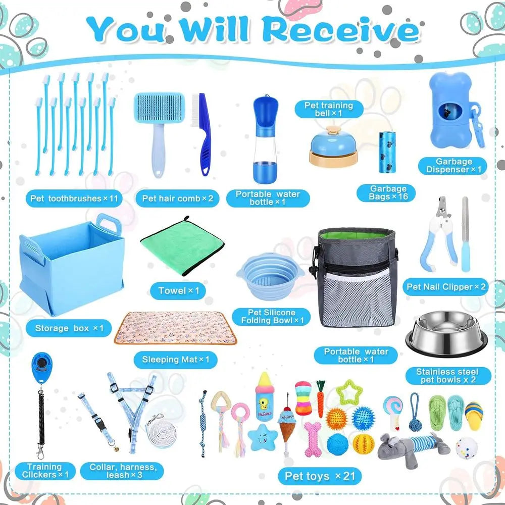 65 Pcs Puppy Supplies Starter Kit Small Dog Essentials Includes Dog Leash, Toys, Bowl, Brushes, Water Bottles, pet Blankets Pupp