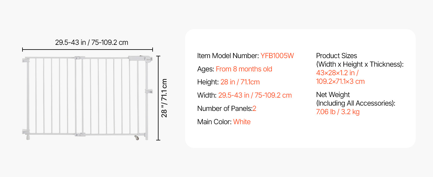 VEVOR Baby Gate 29.5-43 Inches Adjustable Width 28 Inches High Dog Gate No Threshold Bar Easy Step Walk for Child Pet Security
