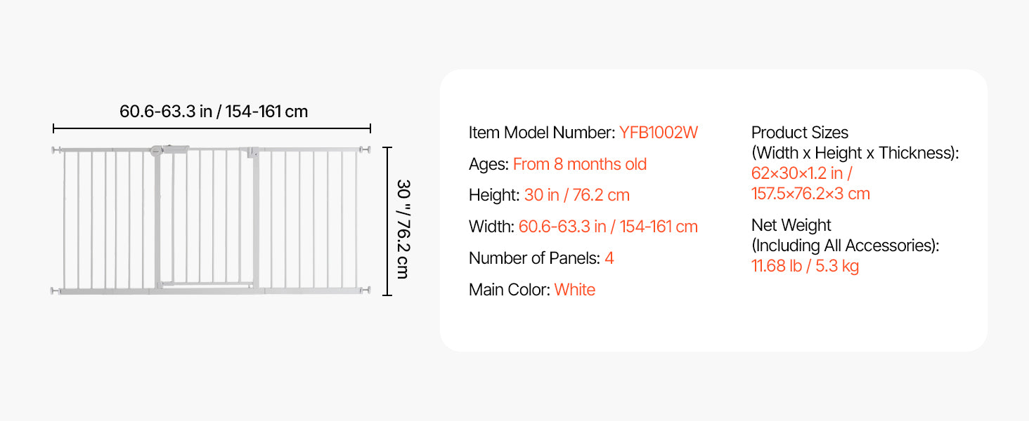 VEVOR Baby Gate 28/30/36 Inches High Dog Gate Easy Step Walk Thru Child Pet Security Pressure Mount Kit Wall Cups Doorways