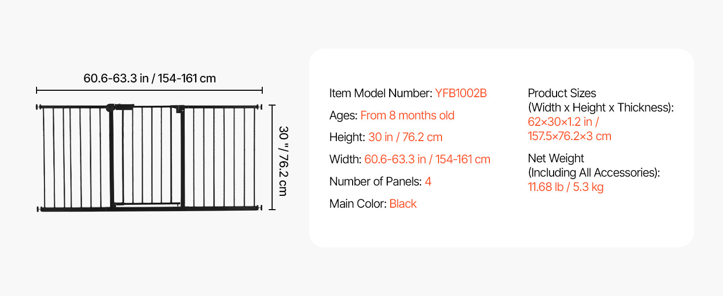 VEVOR Baby Gate 28/30/36 Inches High Dog Gate Easy Step Walk Thru Child Pet Security Pressure Mount Kit Wall Cups Doorways