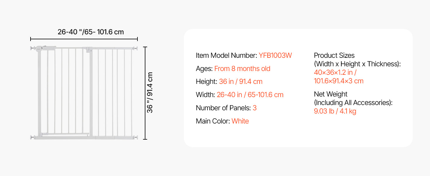 VEVOR Baby Gate 28/30/36 Inches High Dog Gate Easy Step Walk Thru Child Pet Security Pressure Mount Kit Wall Cups Doorways