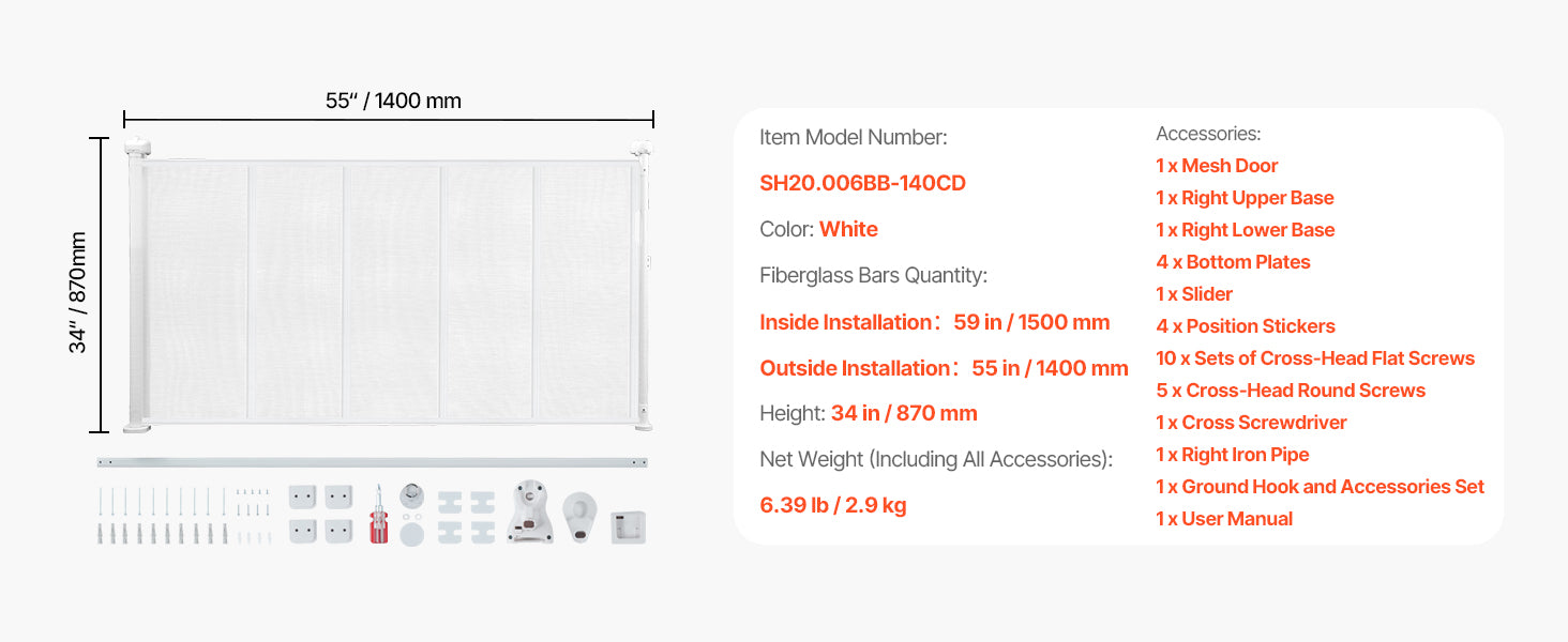 SucceBuy 55/71/110in Retractable Baby Gate 34in Tall Extends Wide Retractable Gate for Kids Pets Mesh Material Easy to Install